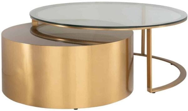 Salontafel Orlan set van 2 (Goud) - Richmond Interiors - Salontafel Orlan set van 2 is een luxe salontafel in brushed gold met  glazen top. Het speelse design past perfect in een modern, klassiek interieur. - Löwik Wonen & Slapen Vriezenveen