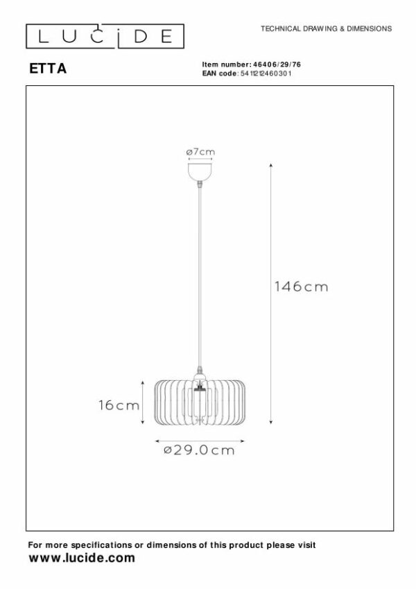 Etta - Hanglamp - Ø29 cm - 1xe27 - Licht Hout Lucide Hanglamp 46406/29/76