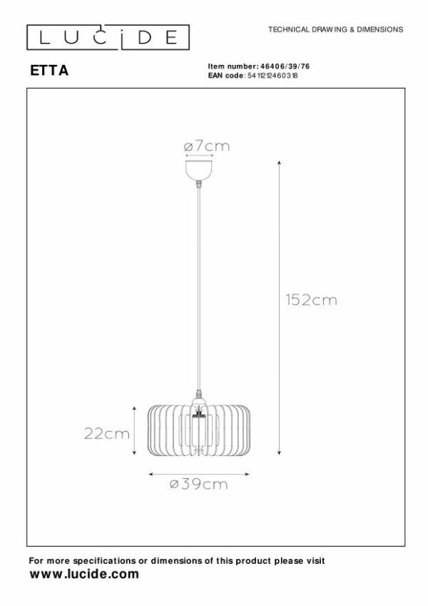 Etta - Hanglamp - Ø39 cm - 1xe27 - Licht Hout Lucide Hanglamp 46406/39/76