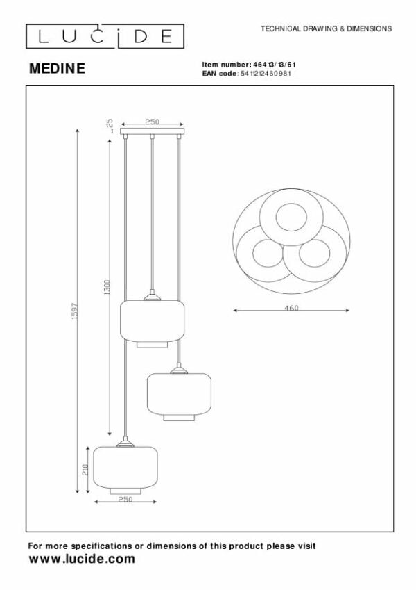 Medine - Hanglamp - Ø46 cm - 3xe27 - Opaal Lucide Hanglamp 46413/13/61