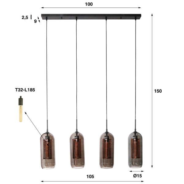 Hanglamp 4L Smoke Glas-geperforeerd Staal - Artic Zwart Bullcraft Hanglamp 7831/77