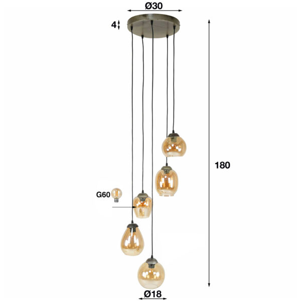 Hanglamp 5L Getrapt Mix - Amberkleurig Glas Bullcraft Hanglamp 7881/39A