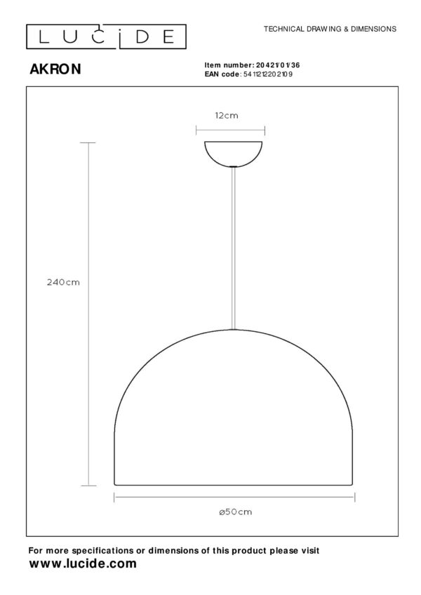 AKRON Hanglamp Ø50 cm 1xE27 - Grijs Lucide Hanglamp 20421/01/36