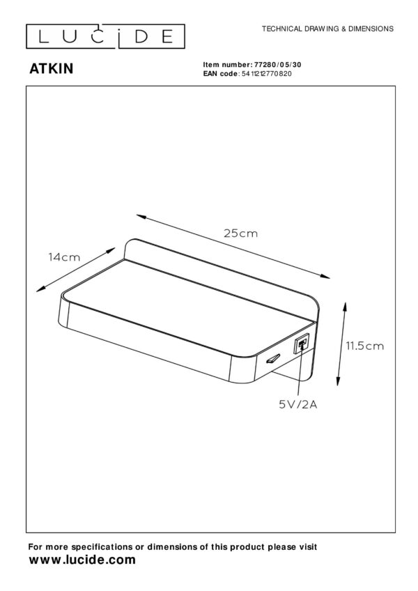 ATKIN Bedlamp / Wandlamp LED 1x6W 3000K Met USB Oplaadpunt - Zwart Lucide Tafellamp 77280/05/30