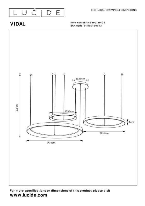 VIDAL Hanglamp LED Dimb. 1x120W 2700K - Mat Goud / Messing Lucide Hanglamp 46403/99/02