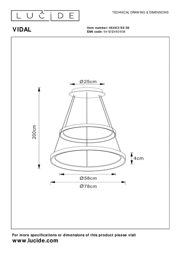 VIDAL Hanglamp Ø78 cm LED Dimb. 1x92W 2700K - Zwart Lucide Hanglamp 46403/92/30