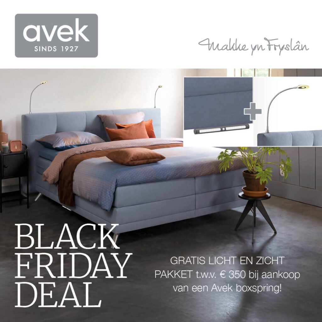 Black Friday actie Avek: gratis licht en zicht pakket t.w.v. €350,- bij aankoop van een Avek boxspring!