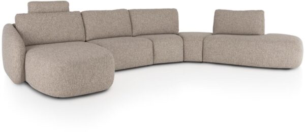 Merano hoekbank Xooon, uitgevoerd als Longchair links ronde arm - 1 zits zonder armen - triangel poef - triangel element met rug - ottoman, in stof Luton koper, standaard zitcomfort met armleuning A. Verkrijgbaar in diverse kleuren.