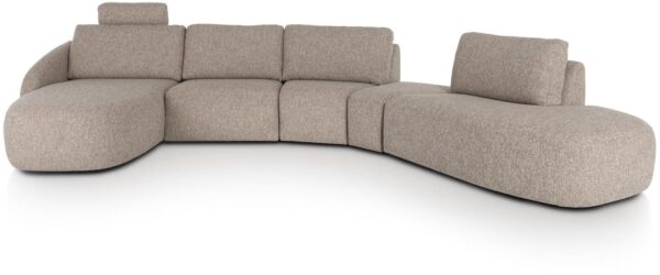 Merano hoekbank Xooon, uitgevoerd als Longchair links ronde arm - 1 zits zonder armen - triangel poef - triangel element met rug - ottoman, in stof Luton koper, standaard zitcomfort met armleuning A. Verkrijgbaar in diverse kleuren.